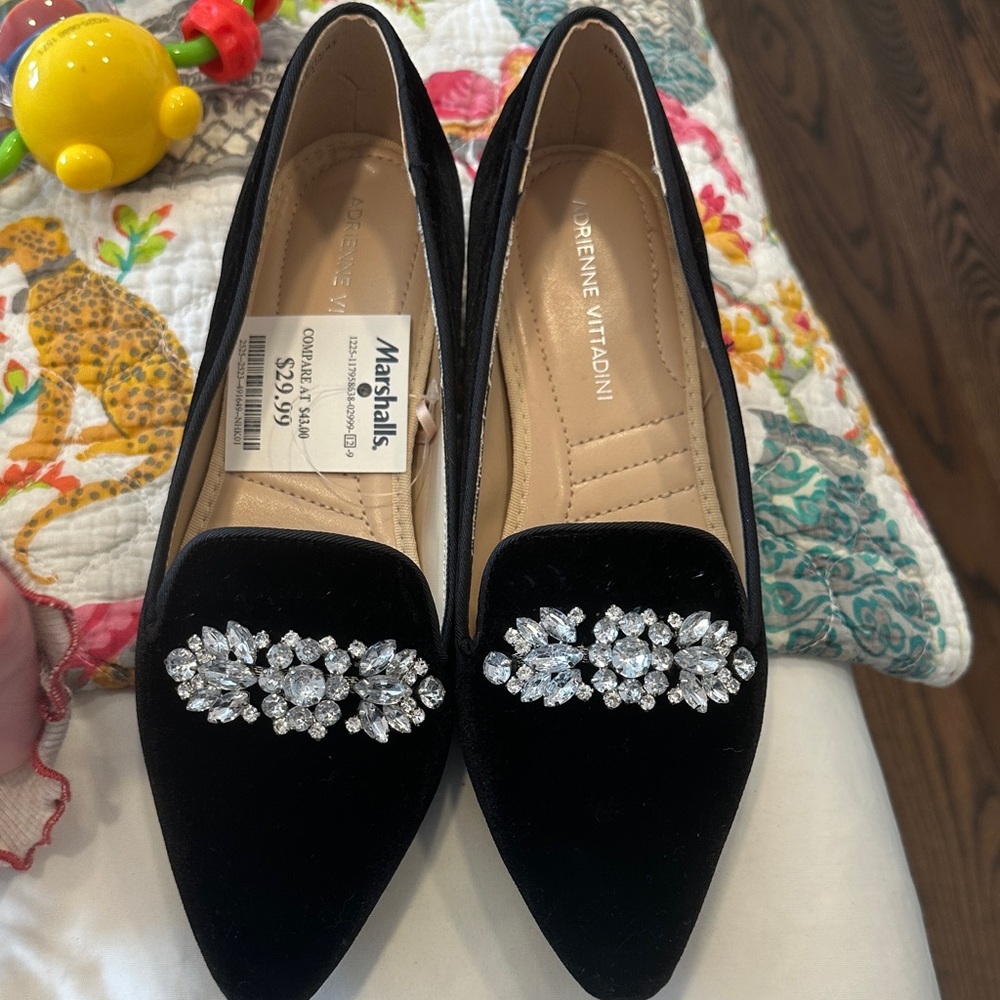 Adrienne Vittadini Black Velvet Loafers with Crystal Embellishments
